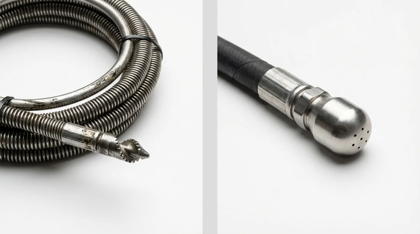 Drain snake cable and hydro jetting nozzle used for drain cleaning in Brightwaters, NY