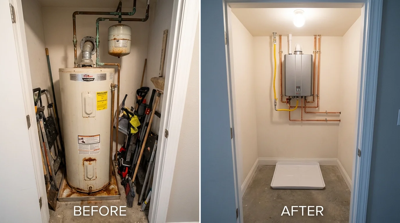 Tank water heater versus wall-mounted tankless unit comparison for Brightwaters, NY homeowners