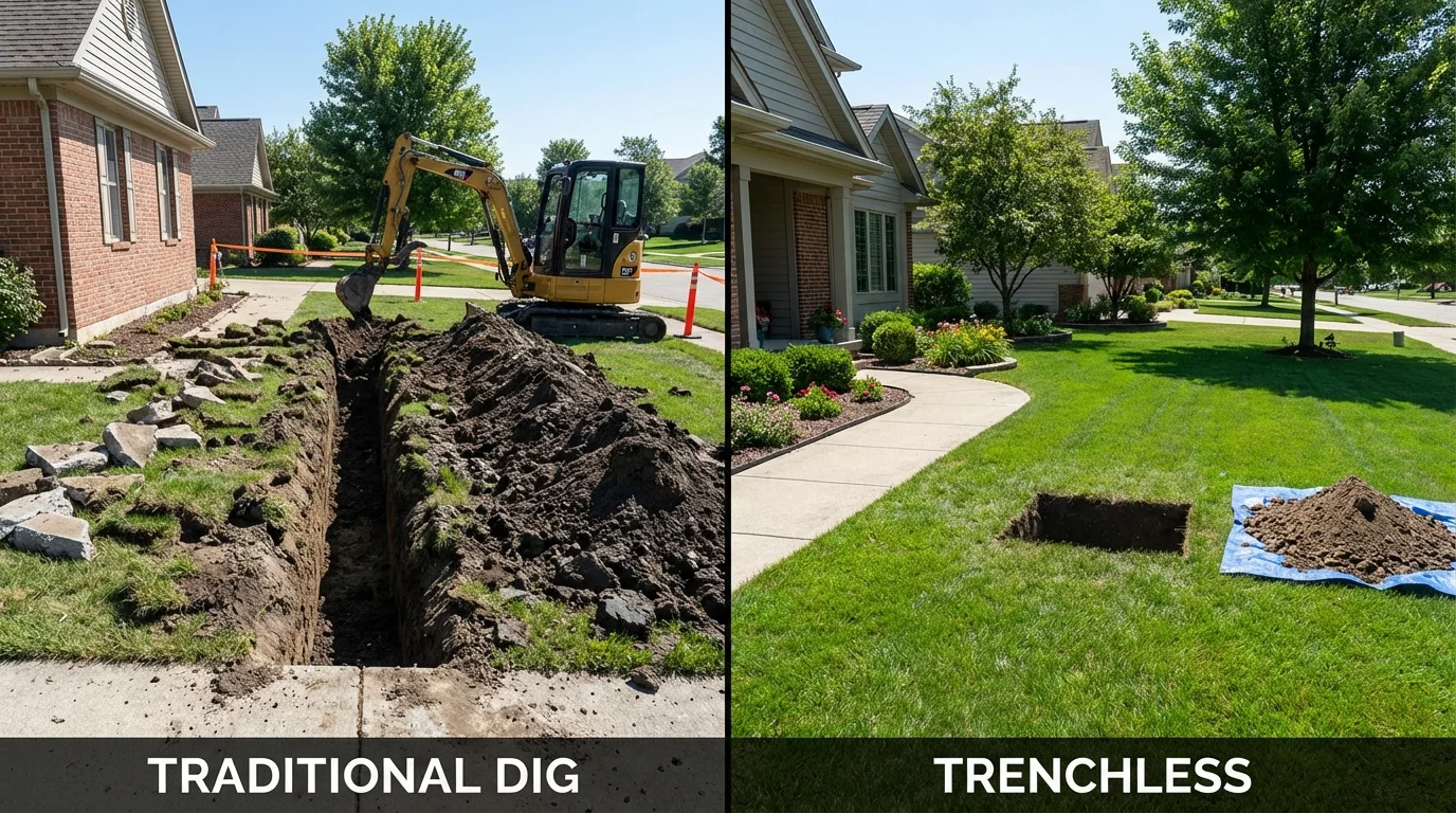 Trenchless sewer repair with minimal yard damage versus traditional excavation in Brightwaters, NY