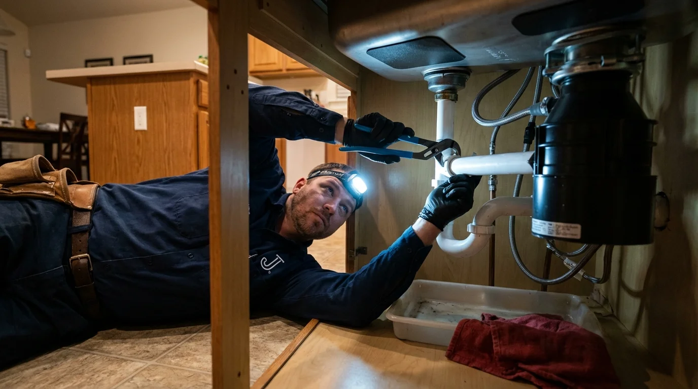 P-trap and supply line connections under a kitchen sink showing a common leak point in Brightwaters, NY